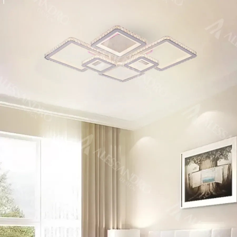 Lustra LED cu telecomanda si cristal QUADRIS RGB 175W, 6 Patrate, Lumina Rece/Calda/Neutra, Dimabila, Alb Lustre LED cu Telecomanda Default Title Alessandro Design