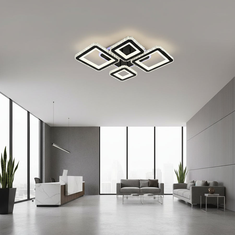 LED luster s diaľkovým ovládaním a krištáľovým QUADRIS RGB 96W, 4 štvorce, studené/teplé/neutrálne svetlo, stmievateľné, čierny