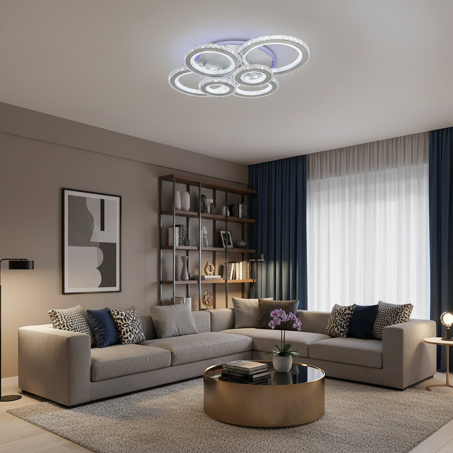 Lustra LED cu telecomanda si cristal NOVA ROTONDA RGB 145W, 6 Cercuri, lumina Rece/Calda/Neutra, Dimabila, Alb Lustre LED Cristal Default Title Alessandro Design