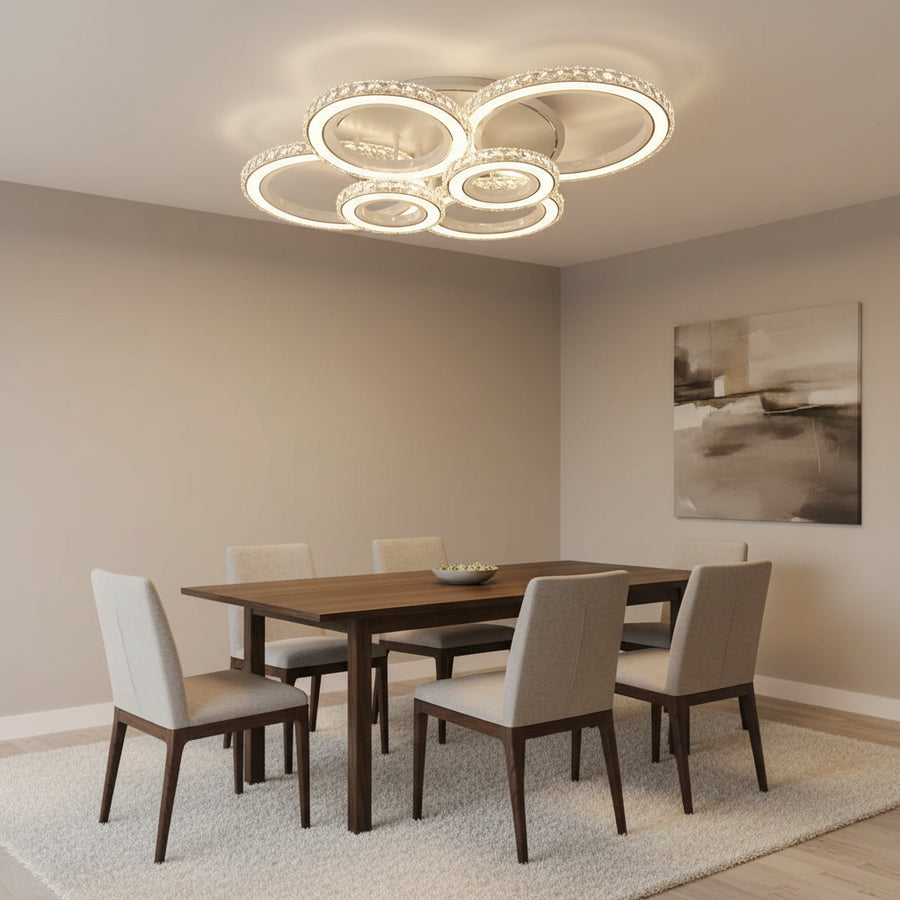 Lustra LED cu telecomanda si cristal NOVA ROTONDA RGB 145W, 6 Cercuri, lumina Rece/Calda/Neutra, Dimabila, Alb Lustre LED Cristal Default Title Alessandro Design
