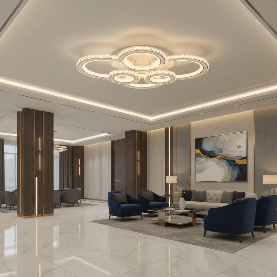 Lustra LED cu telecomanda si cristal NOVA ROTONDA RGB 145W, 6 Cercuri, lumina Rece/Calda/Neutra, Dimabila, Alb Lustre LED Cristal Default Title Alessandro Design
