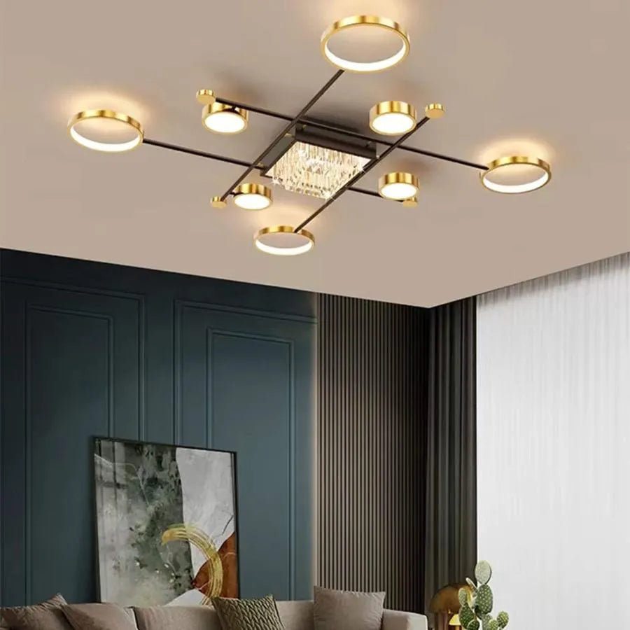 Lustra LED cu telecomanda si cristal MISEL 168W, 9 Elemente, lumina Rece/Calda/Neutra, Dimabila, Negru Auriu Lustre LED cu Telecomanda Default Title Alessandro Design