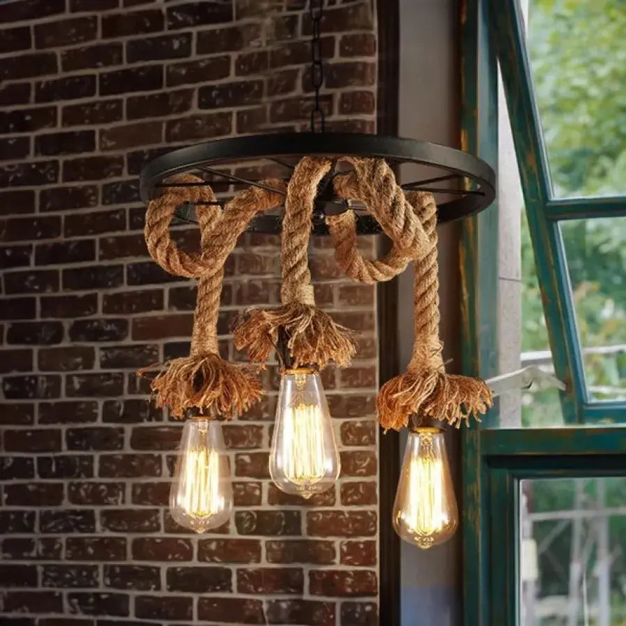 Kolesový luster, 3*E27, hnedý, kovový a strunové vintage lustre Predvolený názov Alessandro Design