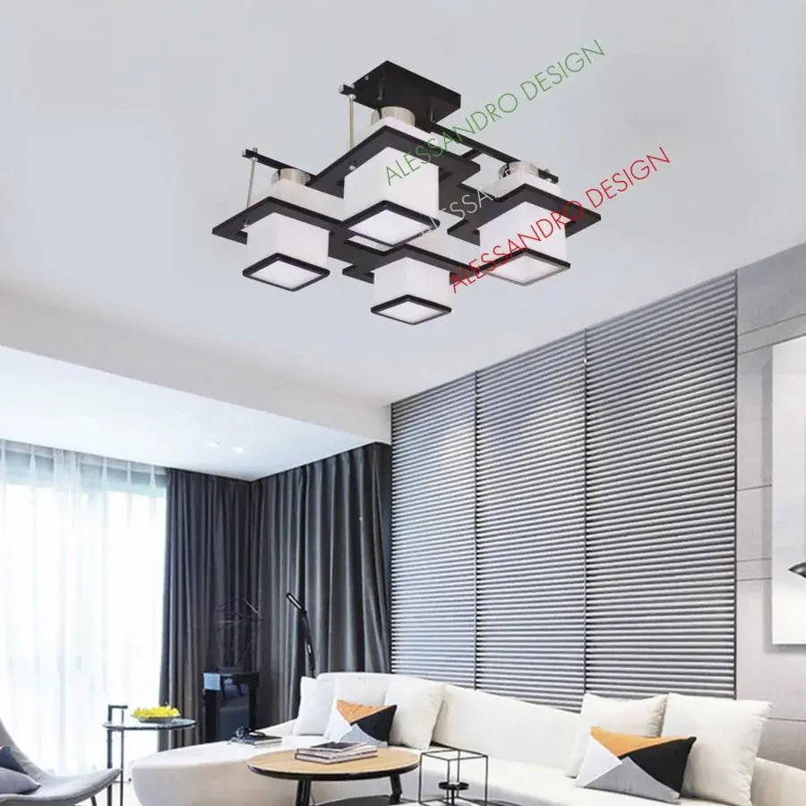 Lustra Clasica Aramis cu lemn, Abajur Patrat, 4 X Dulie E27, Alb / Negru Lustre Clasice Default Title Alessandro Design