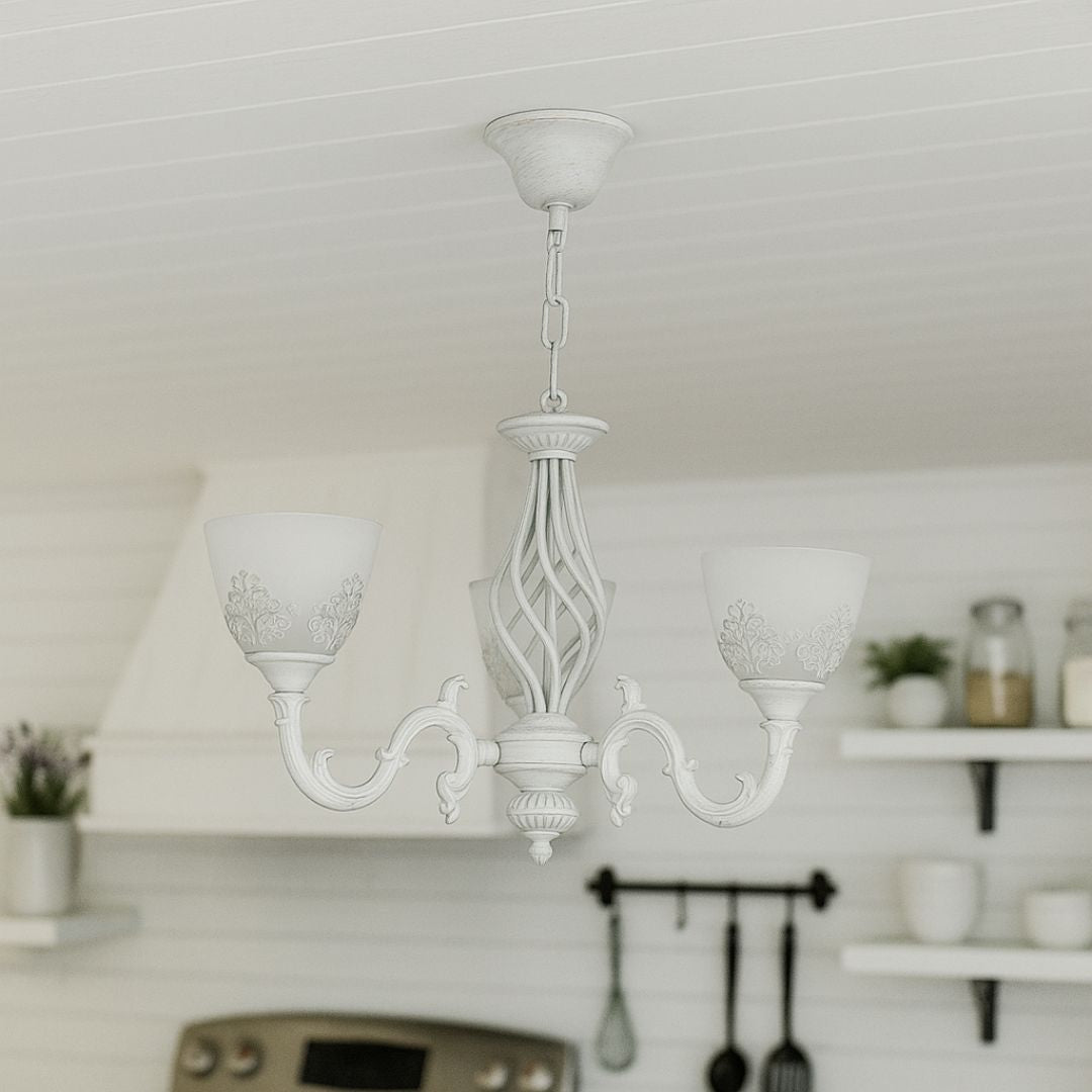 VINTAGE Luster, Závesný typ s ramenami, COTTAGE, Kruhový, 3xE27, Sklo a kov, Biely Klasické Lustre Predvolený názov Alessandro Design