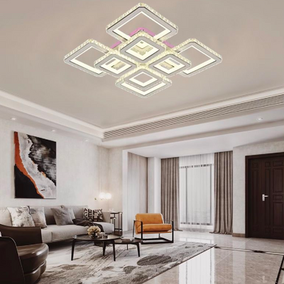 LED luster s diaľkovým ovládaním a krištáľom LEILA 175W, 8 štvorcových, studené/teplé/neutrálne svetlo, stmievateľné, lesklá chrómová biela