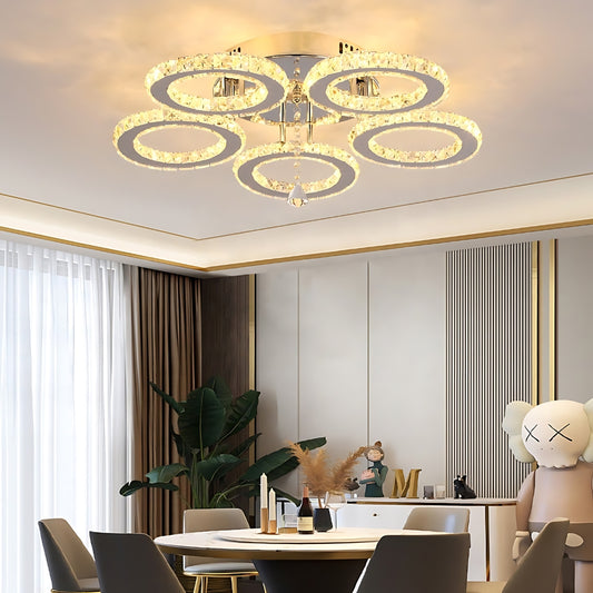 Lustra LED cu telecomanda si cristal ALANUBIS 80W, 5 Cercuri, lumina Rece/Calda/Neutra, Dimabila, Crom Lucios Lustre LED Cristal Default Title Alessandro Design