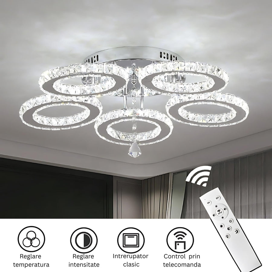 Lustra LED cu telecomanda si cristal ALANUBIS 80W, 5 Cercuri, lumina Rece/Calda/Neutra, Dimabila, Crom Lucios Lustre LED Cristal Default Title Alessandro Design