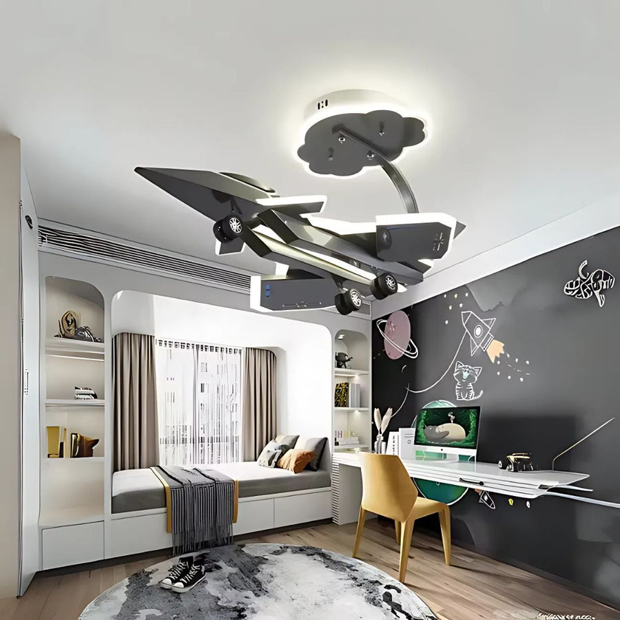Lustra LED pentru copii FIGHTER, Tip avion, 100W, Lumina Rece/Calda/Neutra, Gri Aeronautic Lustre Copii Default Title Alessandro Design