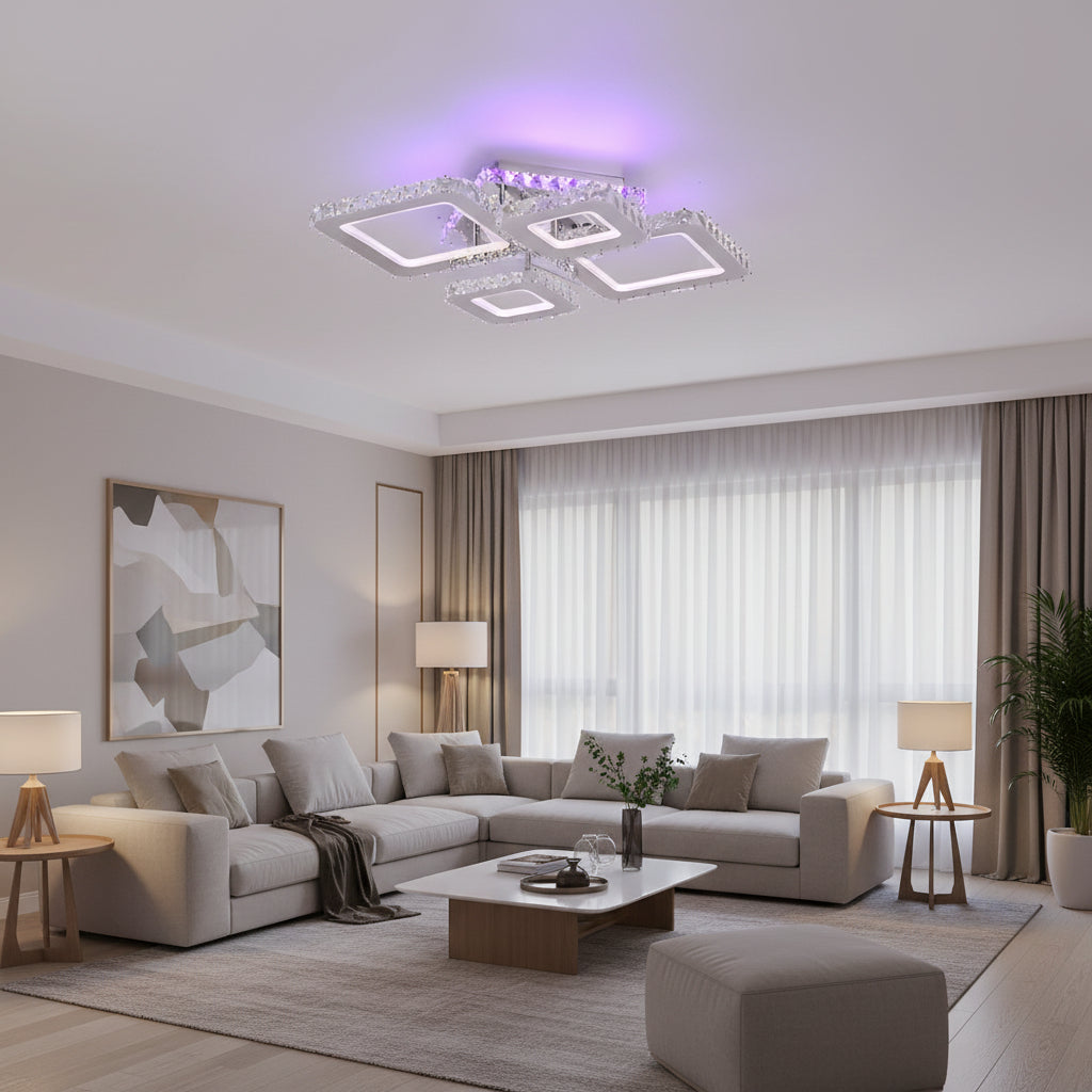 Lustra LED cu telecomanda si cristal NOVA RHOMBA RGB 95W, 4 Patrate, lumina Rece/Calda/Neutra, Dimabila, Crom Lucios Lustre LED & Cristale Default Title Alessandro Design