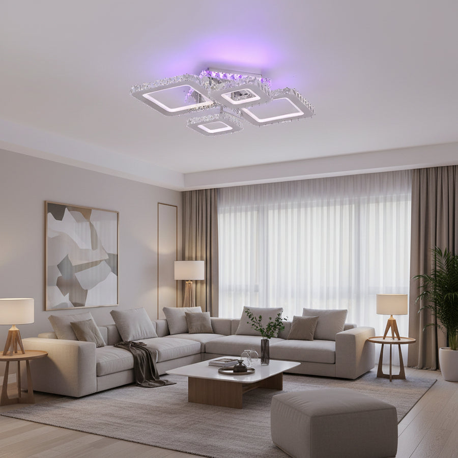 Lustra LED cu telecomanda si cristal NOVA RHOMBA RGB 95W, 4 Patrate, lumina Rece/Calda/Neutra, Dimabila, Crom Lucios Lustre LED & Cristale Default Title Alessandro Design
