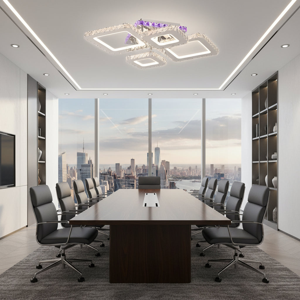 Lustra LED cu telecomanda si cristal NOVA RHOMBA RGB 95W, 4 Patrate, lumina Rece/Calda/Neutra, Dimabila, Crom Lucios Lustre LED & Cristale Default Title Alessandro Design