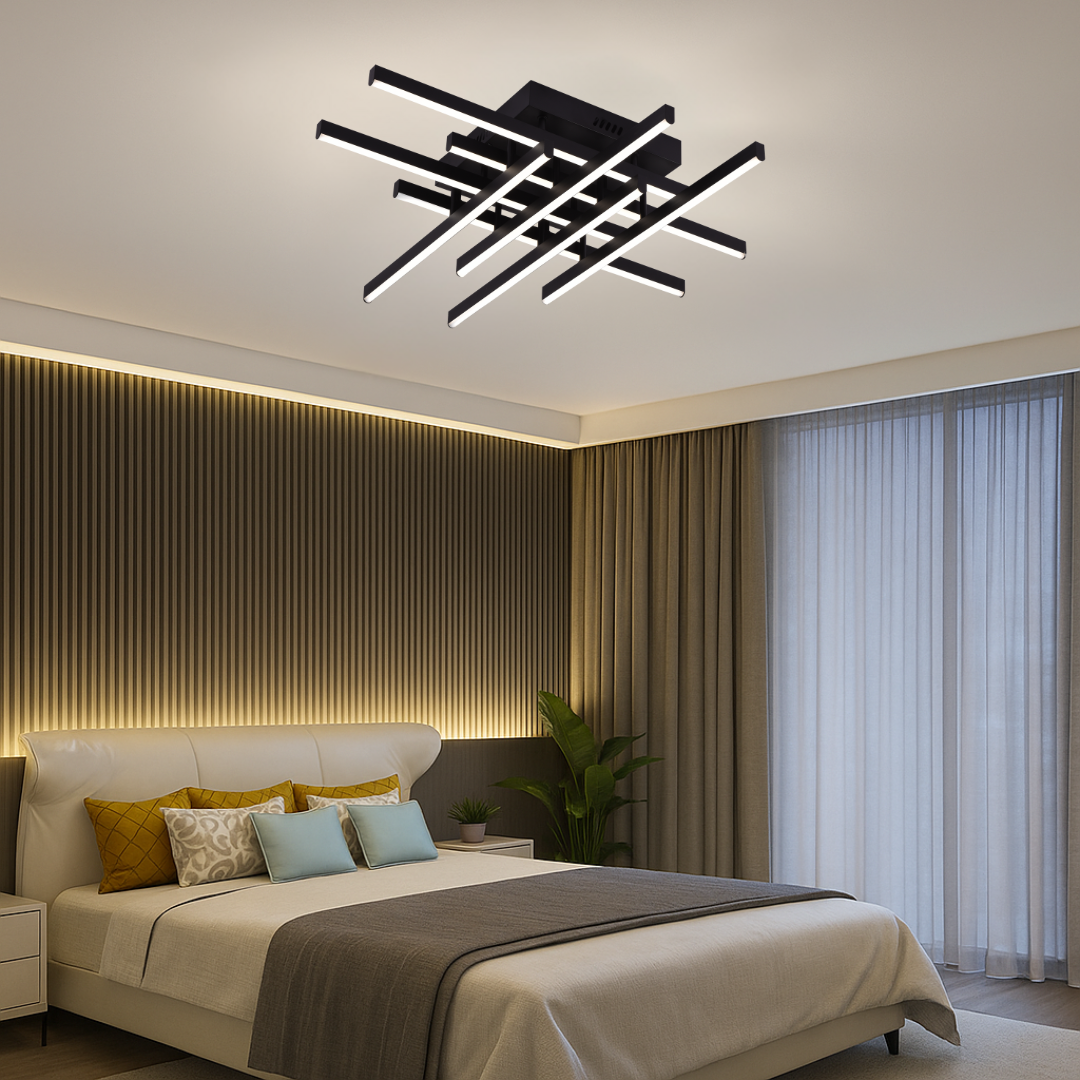 Lustra LED cu Telecomanda LINEX, 108W, 8 elemente, Lumina Rece/Calda/Neutra, Dimabila, Negru Lustre LED cu Telecomanda Default Title Alessandro Design
