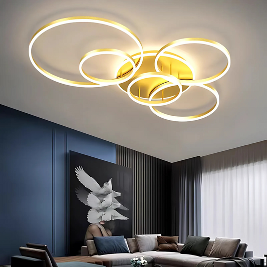 Lustra LED cu Telecomnda RINOVA, 5 cercuri, 137W, Lumina Calda/Rece/Neutra, Dimabila, Auriu Lustre LED cu Telecomanda Default Title Alessandro Design