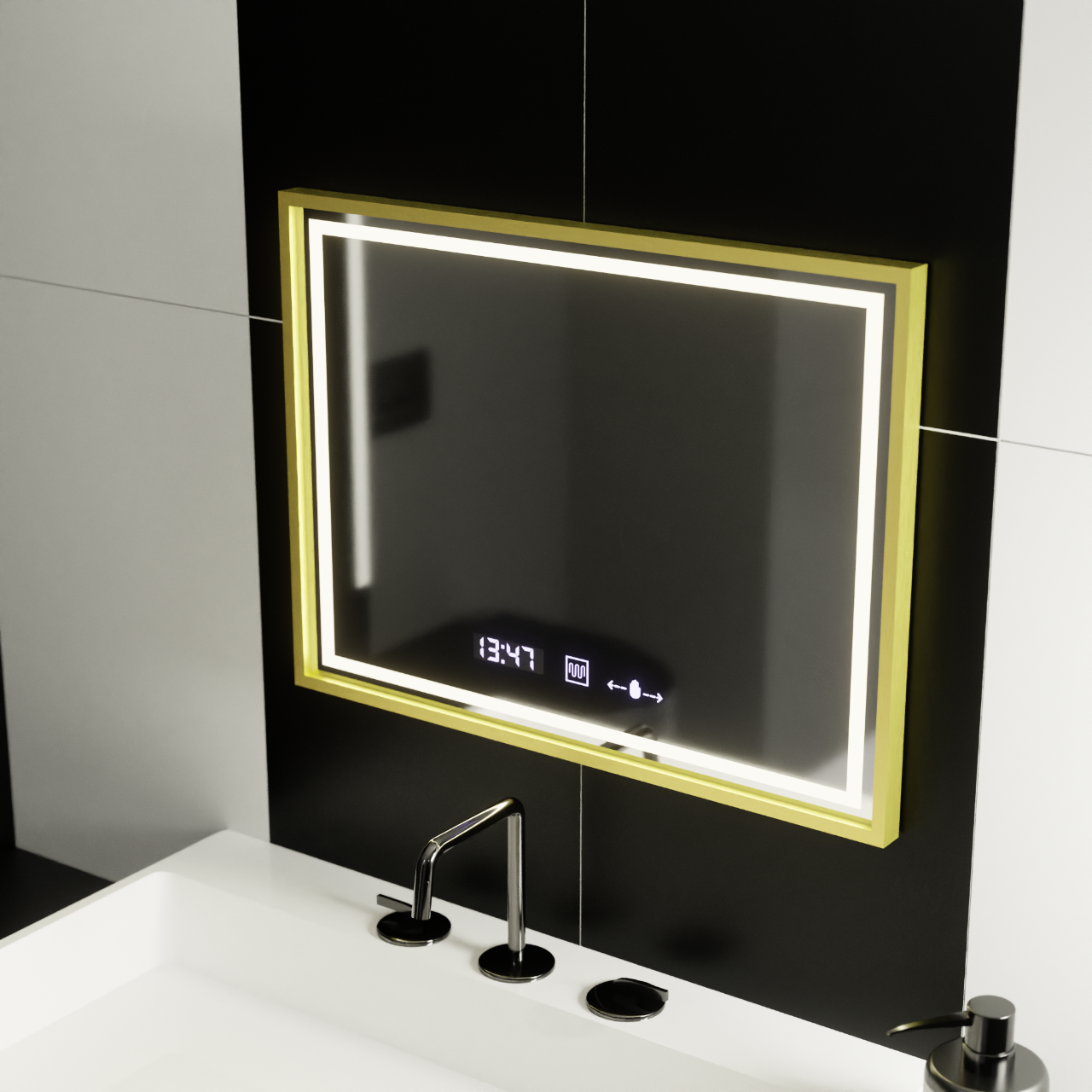 Obdĺžnikové LED zrkadlo 80 x 60 cm Verite Royale Gold s MotionGlow, systémom odhmlievania, hodinami a teplomerom