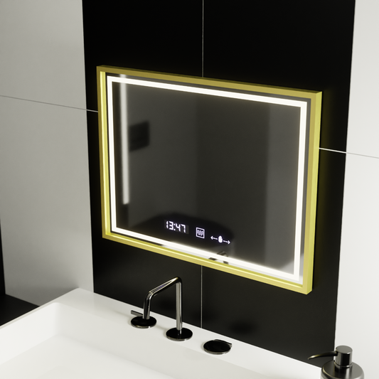 Obdĺžnikové LED zrkadlo 80 x 60 cm Verite Royale Gold s MotionGlow, systémom odhmlievania, hodinami a teplomerom