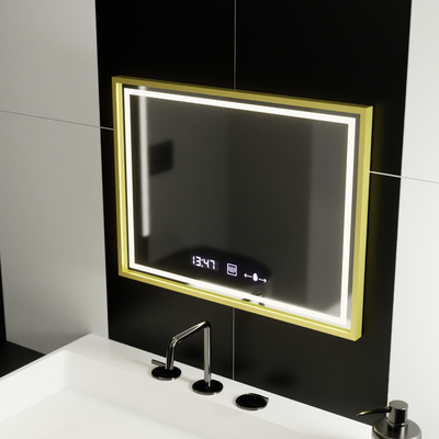 Obdĺžnikové LED zrkadlo, 80x60cm, Verite Royale Gold MotionGlow Marcello, Demister System, Hodiny & Teplomer, Stmievateľné