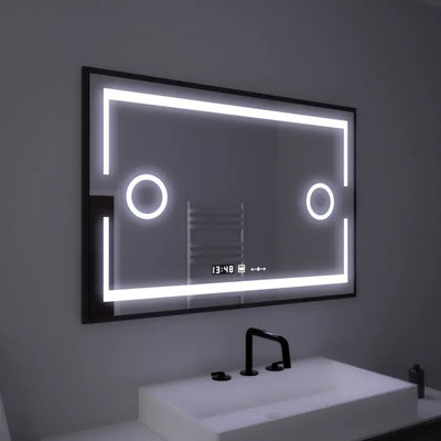 Obdĺžnikové LED zrkadlo, 120x80cm, senzor Marcello MotionGlow, systém odhmlievania, hodiny a teplomer, kozmetická lupa, stmievateľné