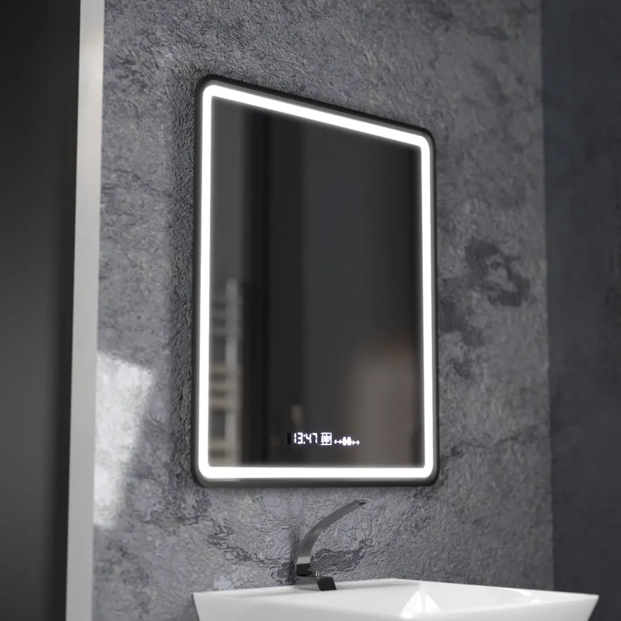 Obdĺžnikové LED zrkadlo, 75x90cm, Favola MotionGlow Marcello, Demister System, Hodiny & Teplomer, Stmievateľné