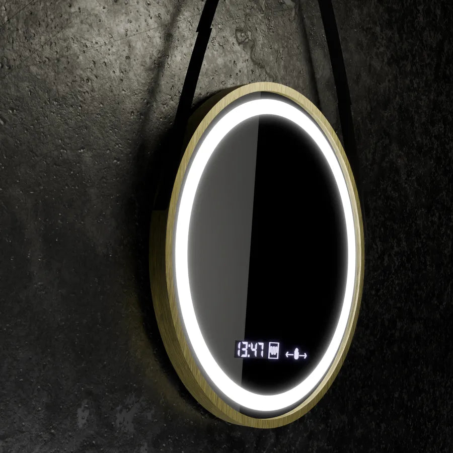 Oglinda LED Rotunda, 60cm, Celeste Royale Gold Eleve MotionGlow Marcello, Sistem Dezaburire, Ceas & Termometru, Dimabila, Curea Detasabila Oglinzi Marcello Default Title Alessandro Design