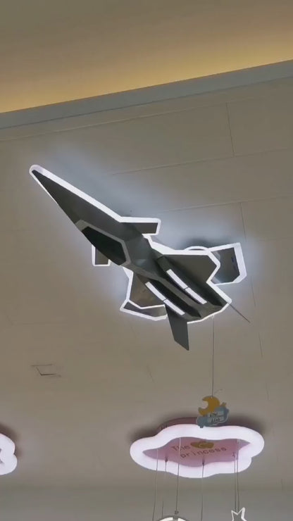 LED detský luster FIGHTER, Typ Lietadlo, 101W, Studené/Teplé/Neutrálne svetlo, Pohyblivé krídla, Letecká sivá