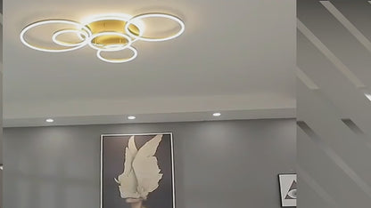 LED luster s diaľkovým ovládaním RINNOVA, 5 kruhov, 137 W, teplé/studené/neutrálne svetlo, stmievateľné, zlaté