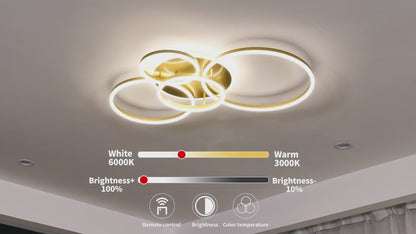 RINOVA LED luster s diaľkovým ovládaním, 4 kruhy, 112 W, teplé/studené/neutrálne svetlo, stmievateľné, zlaté