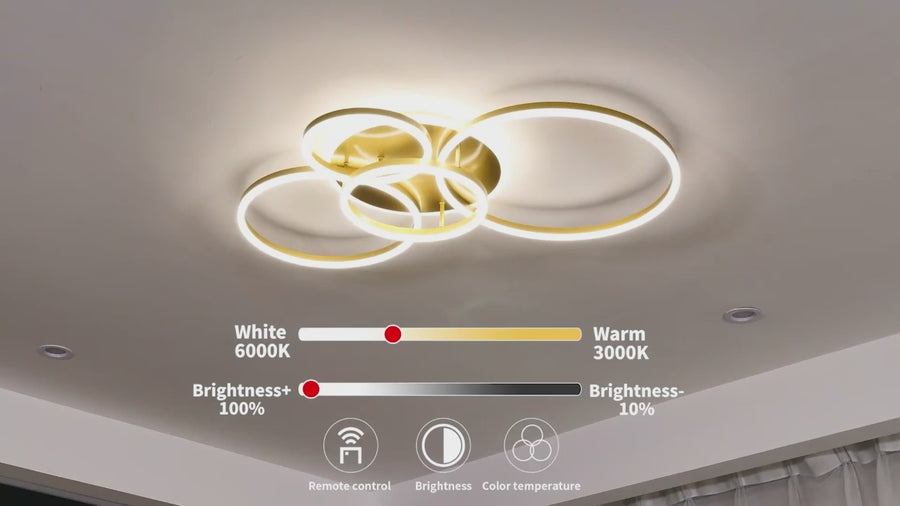 RINOVA LED luster s diaľkovým ovládaním, 4 kruhy, 112 W, teplé/studené/neutrálne svetlo, stmievateľné, zlaté