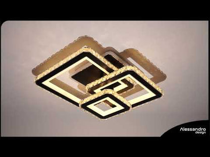 LED luster s diaľkovým ovládaním a krištáľom LEILA 88W, 3 štvorce, studené/teplé/neutrálne svetlo, stmievateľné, lesklý čierny chróm